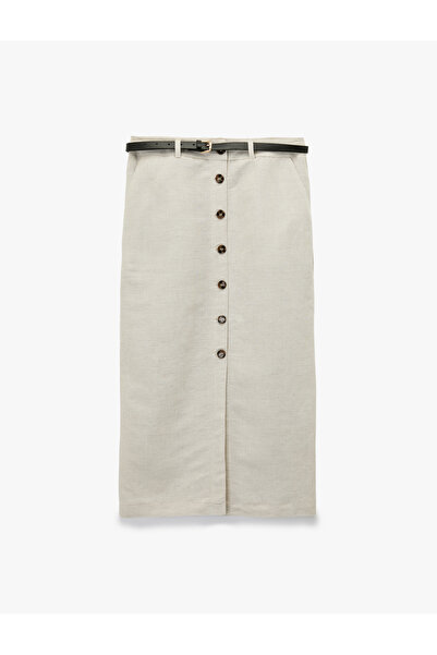 Koton Buttoned Belt Detailed Midi Linen Blend Skirt with Pockets