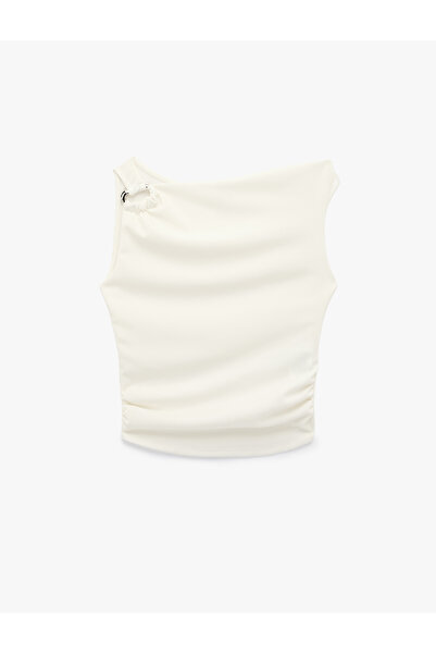 Koton Asymmetrical Collar Sleeveless Draped Crepe Blouse with Metallic Access...