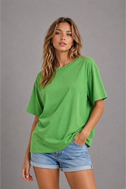 Lizbon Style Women's Oversize 100% Cotton Basic Comfortable Fit T-Shirt - Green