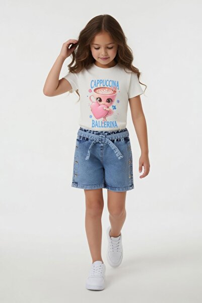 Cansın Mini Ecru Ballerina Printed T-Shirt and Buttoned Jean Shorts Girls' 2-...
