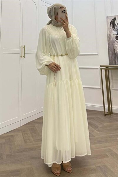 Dipmoda Women's White Balloon Sleeve Lined Chiffon Hijab Dress with Belt Deta...