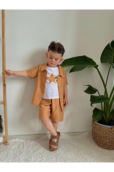 Jannock Boy's 3-Piece Set with Star Print T-Shirt and Linen-Look Shirt-Jlb-145