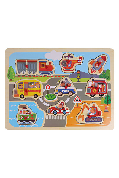 Zumzeria Puzzle din lemn Drum cu mașini (10 piese) 30x22cm