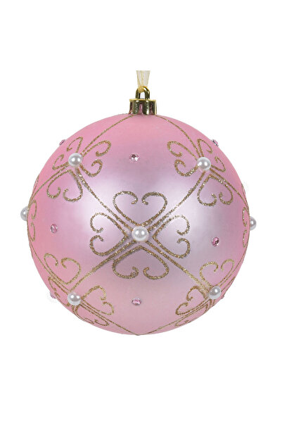 Zumzeria Ornament pentru bradul de Crăciun, glob roz mat cu model floral auri...