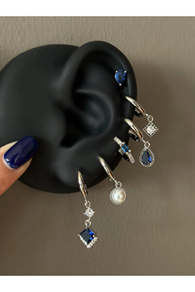 h&b design jewel Çelik Silver Lacivert Taşlı 6 Lı Küpe Seti