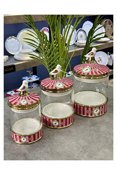 Doğudeko Love Bird Pink 3 Piece Glass Porcelain Jar Set