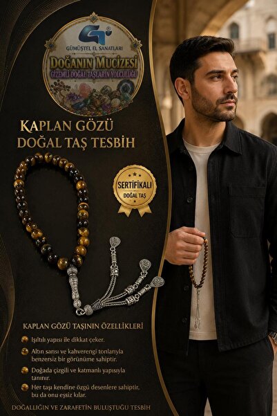 GÜMÜŞTEL EL SANATLARI Certified Tiger Eye Natural Stone Rosary