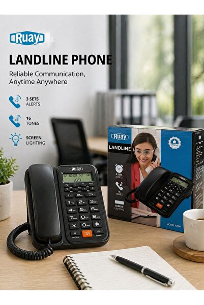 RUAY هاتف أرضي سلكي مع شاشة LCD مضاءة، 16 نغمة رنين، 3 تنبيهات إنذار، هاتف مك...