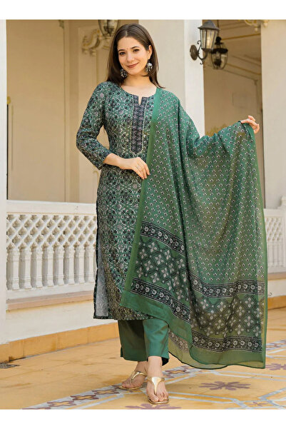 DESIQLO By Styli Green Rayon Blend Ethnic Motifs Printed Straight Kurta and T...