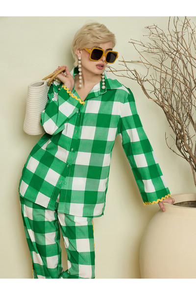 Sassafras By Styli Green Checked Ric-Rac Shirt and Straight Pants Co-Ords