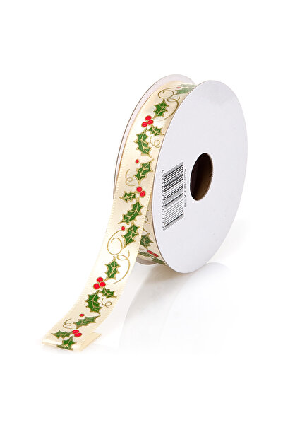 Zumzeria Panglică decorativă de Crăciun bej auriu cu vâsc - 5m x 15mm