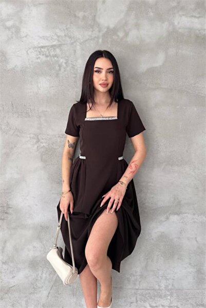 Neşeli Butik Women's Brown Square-Neck Stone-Detailed Skirt Draped Midi-Lengt...