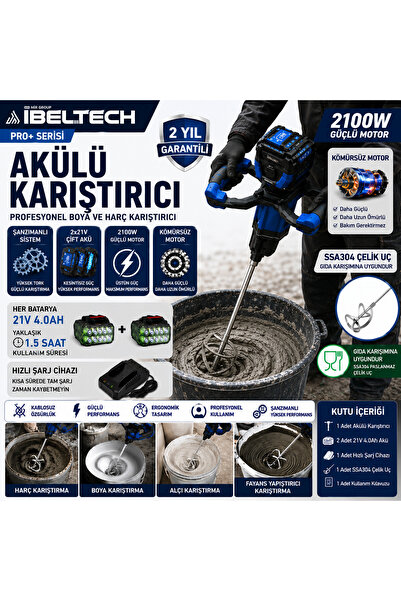 İBELTECH Pro+ Şarjlı Harç ve Boya Karıştırıcı 2100W 4000Mah Çift Batarya Kömü...