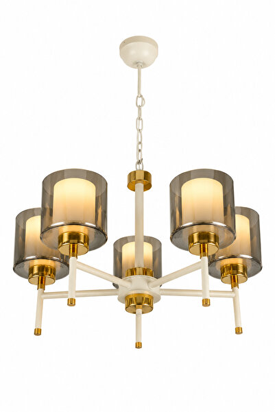 Verona Modern 5 Kollu Beyaz Gold Füme Camlı Avize E27 Duylu Ampulsüz