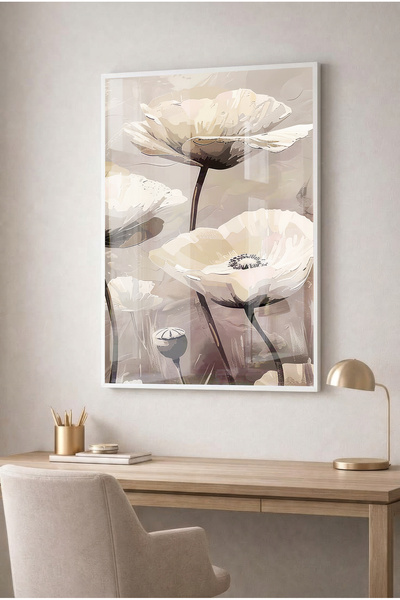 Zevahir Mobilya Dekorasyon Beige and Cream Abstract Floral Glass Painting - W...