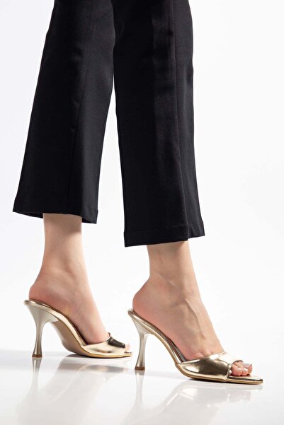 Aymood 716 Gold Patent Leather Pointed Toe Heeled Women's Slippers