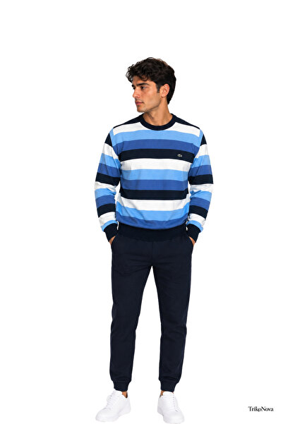 TrikoNova Men's Crew Neck Striped White Sweater