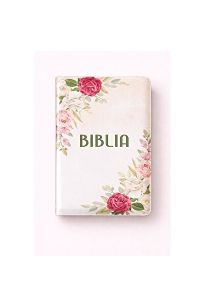Light Store Biblie medie, piele ecologică, floral alb, fermoar, index, margin...