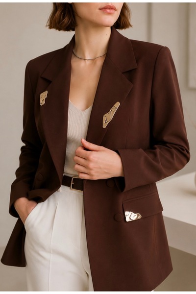 Selence Women's Brown Blazer Jacket with Gold Accessories