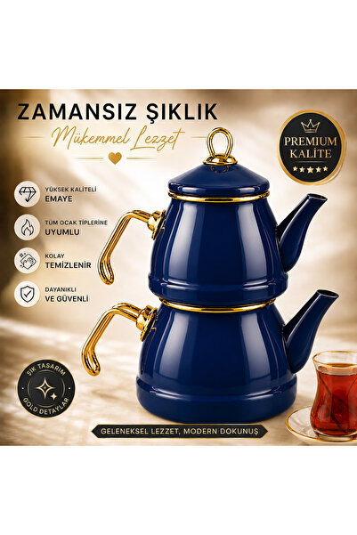 Kitchen Line طقم إبريق شاي مطلي بالمينا باللون الأزرق الداكن مع تفاصيل ذهبية ...