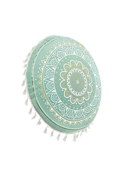 OEM Mint Green Floor Cushion with Mandala Pattern and Beige Fringes Ø60cm