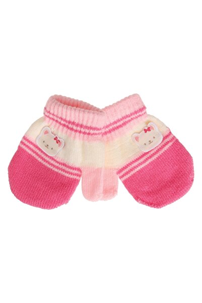 Zumzeria Fuchsia Pink Ecru One-Finger Mittens with Bear Patch for Babies 0-12...