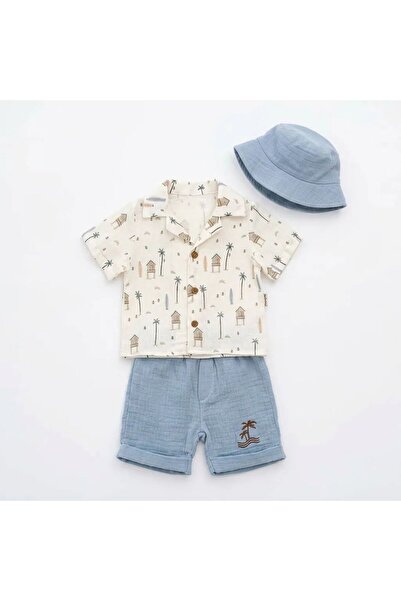 Luna Kids Store Erkek Bebek Şapkalı Gömlek Şort Üçlü Müslin Takım - Mavi