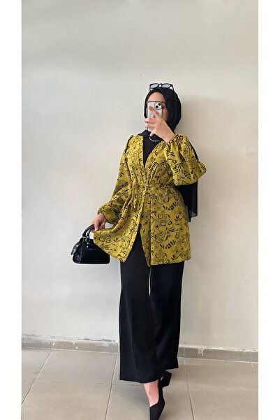 DİLEKBUTİK Yağ yeşili yazlık desenli kimono