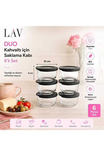 LAV Duo Storage Container Glass Breakfast Set of 6 Round Storage Gray
