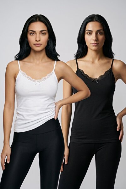 fevien 2-Pack Women's Cotton V-Neck Lace Detailed Thin Rope Strap Undershirt ...
