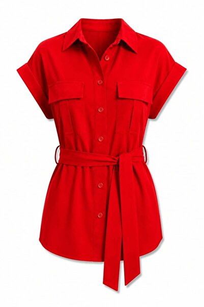 5in1Canpolat Red Belted Shirt with Flap Pockets 6618