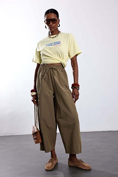5in1Canpolat Khaki Elastic Waist Barrel Cut Trousers 0200