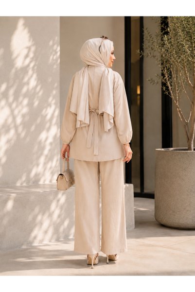 ASTEMİA Women's Gold Brooch Detailed Two-Piece Hijab Suit with Adjustable Waist Pants Sb0036