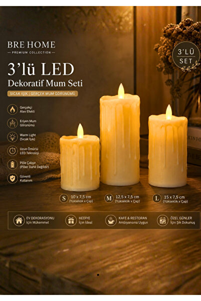 BRE HOME 3'lü LED Dekoratif Mum Seti - Gerçek Mum Görünümlü, Pilli, Titreyen ...
