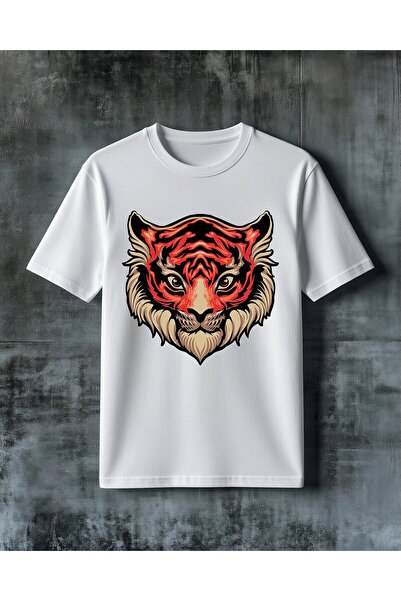 COMVİCHO Red Tiger Print Printed Oversize T-Shirt