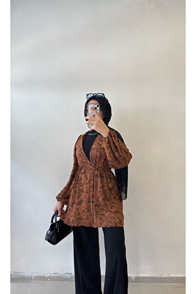 DİLEKBUTİK Kiremit rengi desenli yazlık kimono