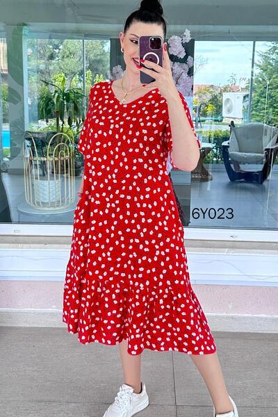 İnce Topuk V-Neck Ruffled Viscose Dress with Pockets 6Y023