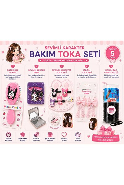 Aselaksesuarr 5'li Set Pembe Kuromi Figürlü Aynalı Kız Çocuk Saç Bakım ve Tok...