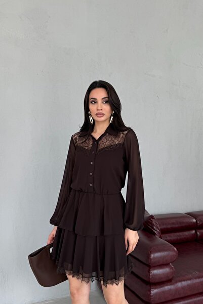 Serica Moda Brown Off-Shoulder Lace Embroidered Shirt Collar Short Dress