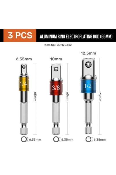 Choice 65mm Sliver Ring Set 3pcs Hex Wrench Adapter Square Head Extension Dri...