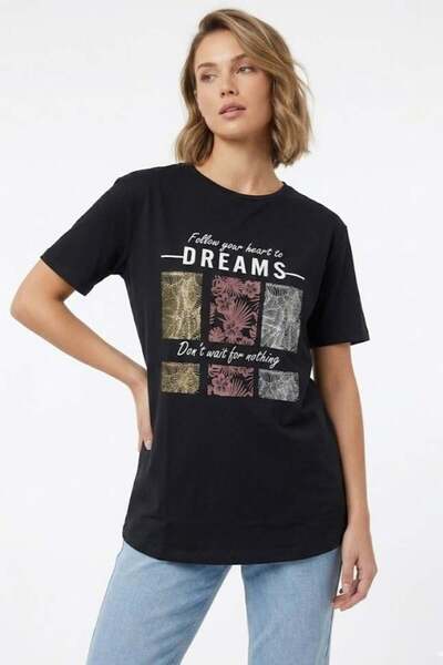 Raneel Kazançlı Alışveriş Women's crew neck short sleeve printed t-shirt black
