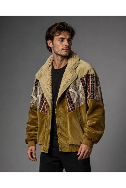 CANMODA (8010) Recien Unisex Kürklü Yaka Vintage Aztec Jacket Oversize 90s Co...