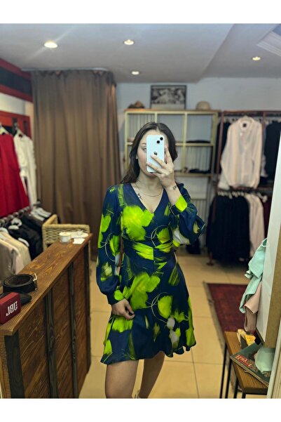 Başak Bulut Butik Gece Mavisi Neon Desenli Elbise