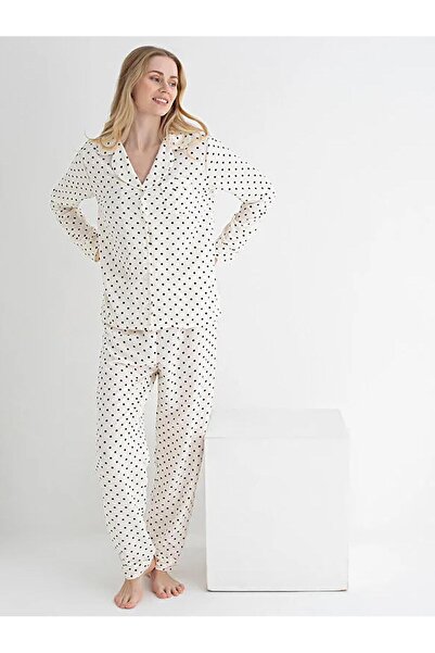 DOFİ Set de pijamale cu model pentru femei, mărimea S-XL - Ecru