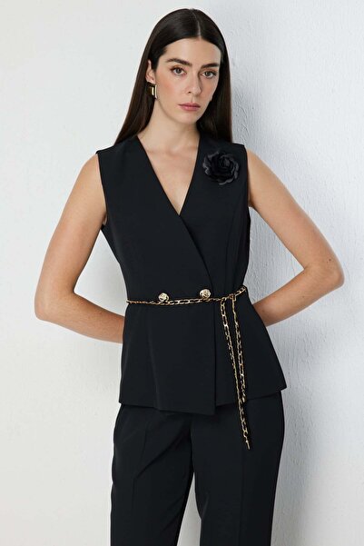 Ekol Rose Brooch Chain Belted Vest