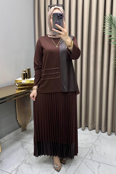 Hürrem ÖZLEM ETEKLİ TAKIM Pamuklu Kristal Belis Kumaş Kadın Kahverengi Taş Ve...