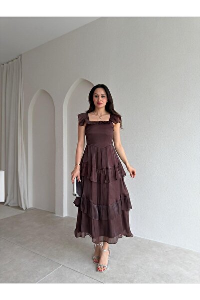 Mooi Butik فستان YVONNE ميدي 7546 - بني غامق