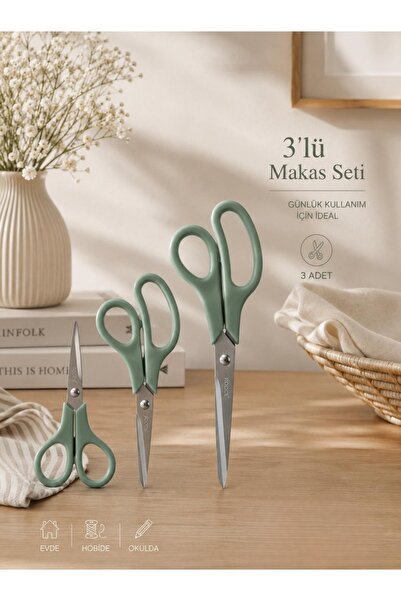 Store HGY Home 3'lü Makas Seti - 21,5 - 19,5 - 14 CM - Paslanmaz Çelik - Yeşil
