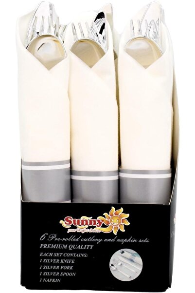 Sunny Your Bright choice Sunny Premium Plastic Cutlery Set – 18 Pieces with Napkins | Elegant Fork Spoon Knife Set for Party, Wedding, Birthday & Catering | Reusable & Eco-Friendly Disposable Tableware (Silver)