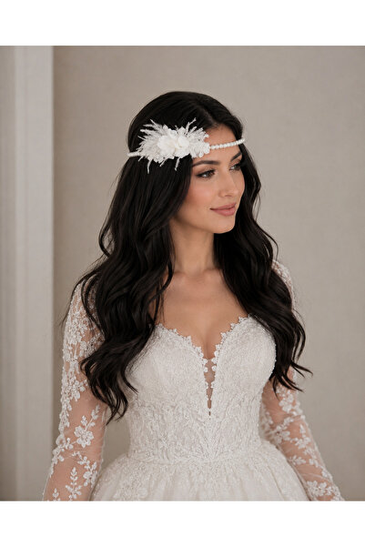 çiğdem kaya design Bridal Crown with Pearls and Feather Details, Wedding Crow...